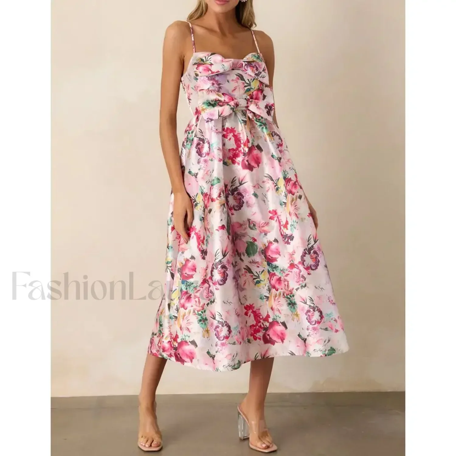 3D Bow Spaghetti-Strap Midi Dress - Image 3
