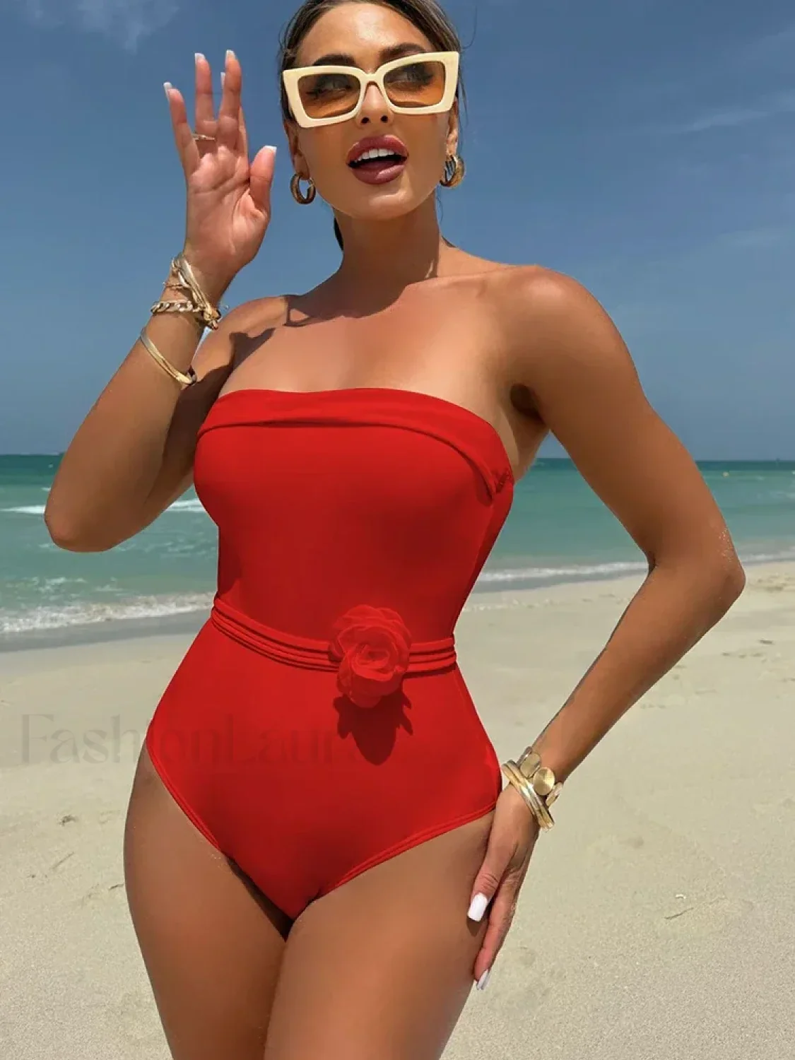3D Floral White Strapless One Piece - Image 15