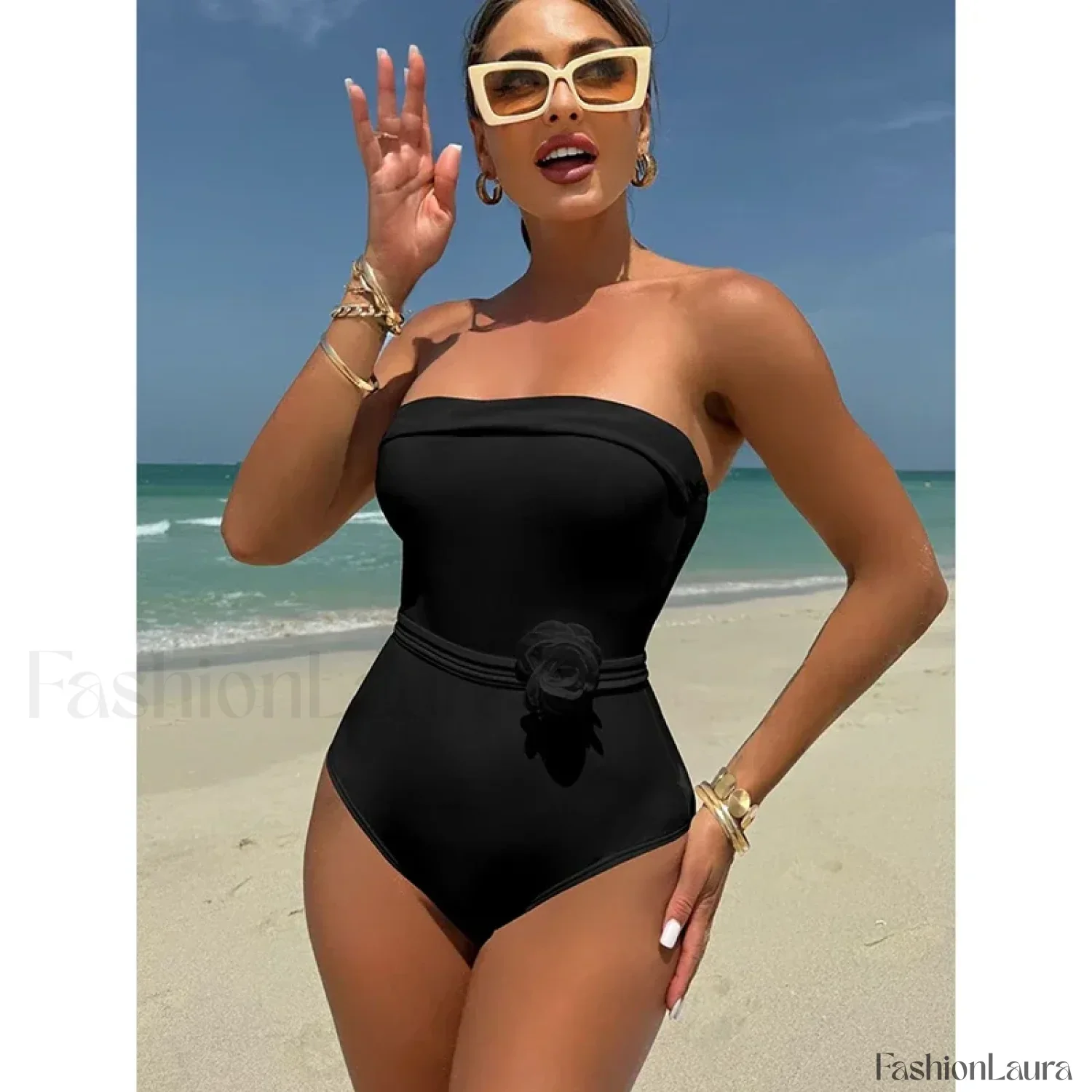 3D Floral White Strapless One Piece - Image 22