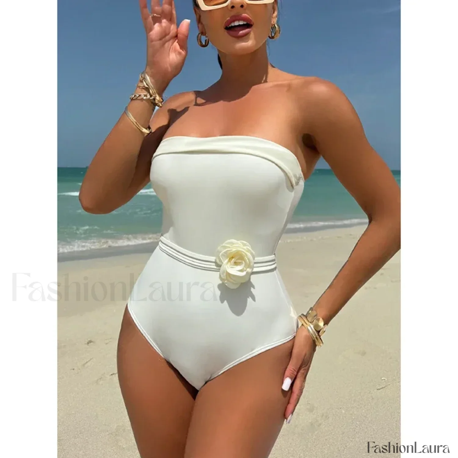 3D Floral White Strapless One Piece - Image 23