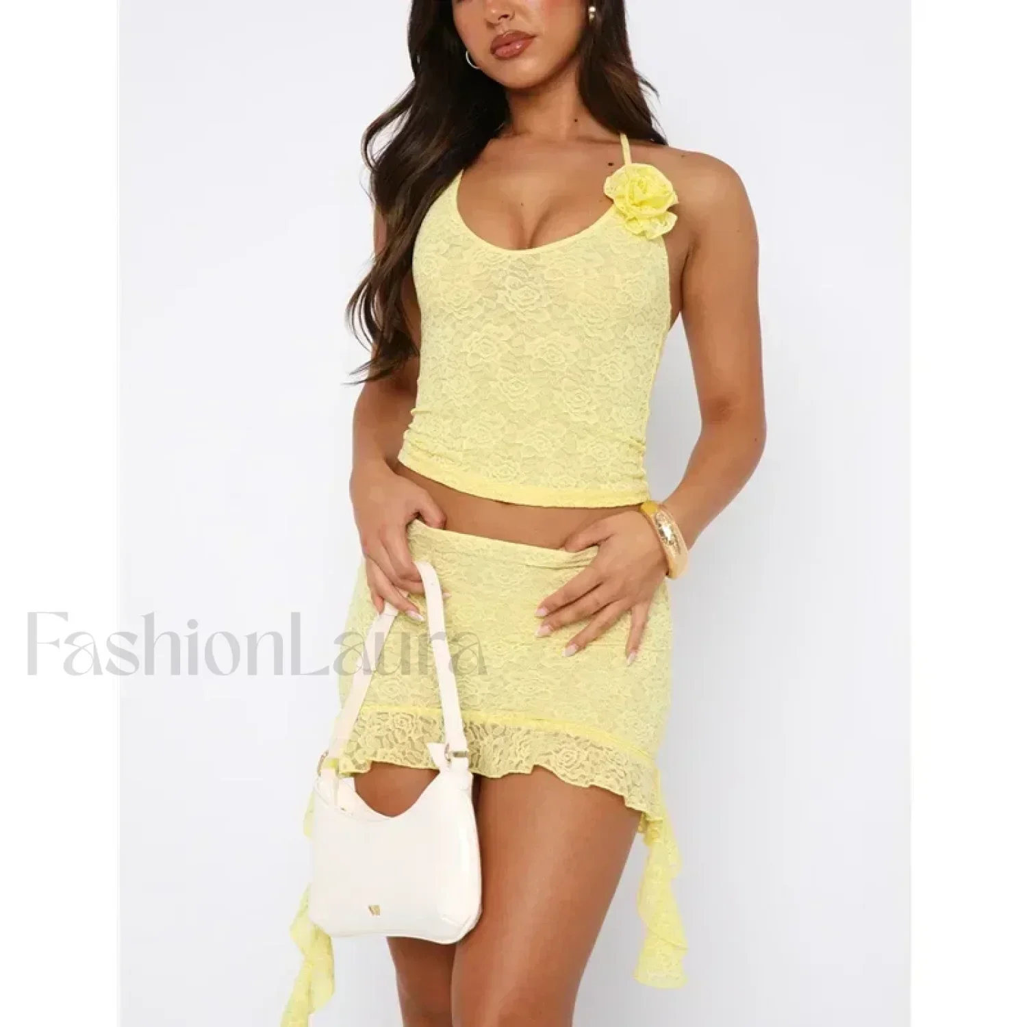 3D Flower Ruffle Mini Skirt Two Piece Set - Image 4