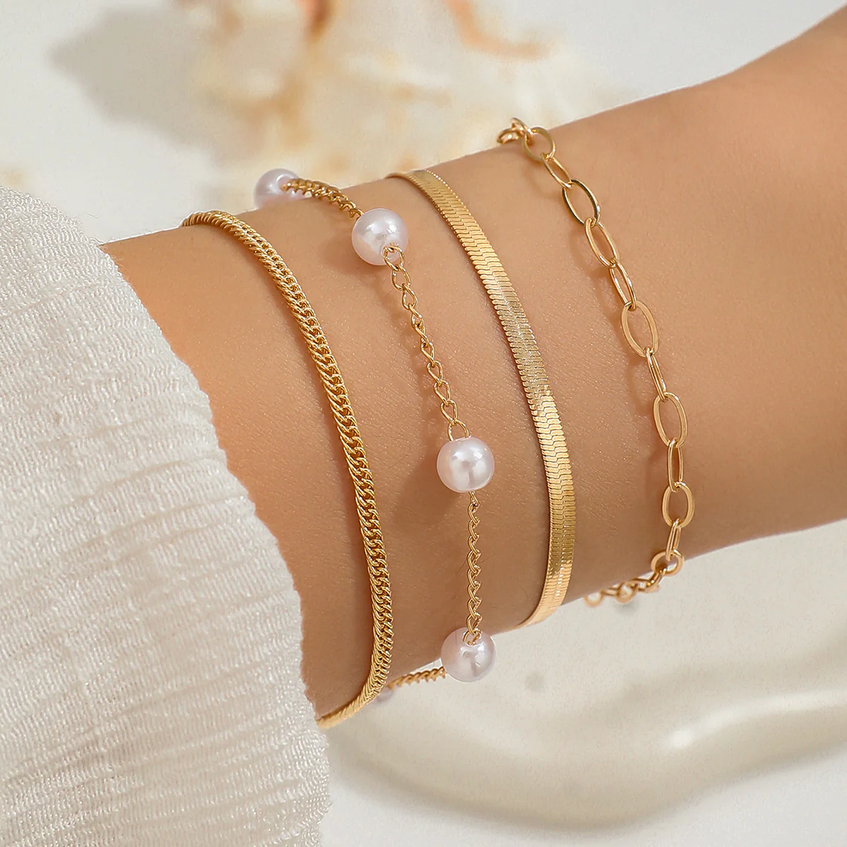 4-Piece Bohemian Paperclip Faux Pearl Snake Chain Bracelet Set - Image 2