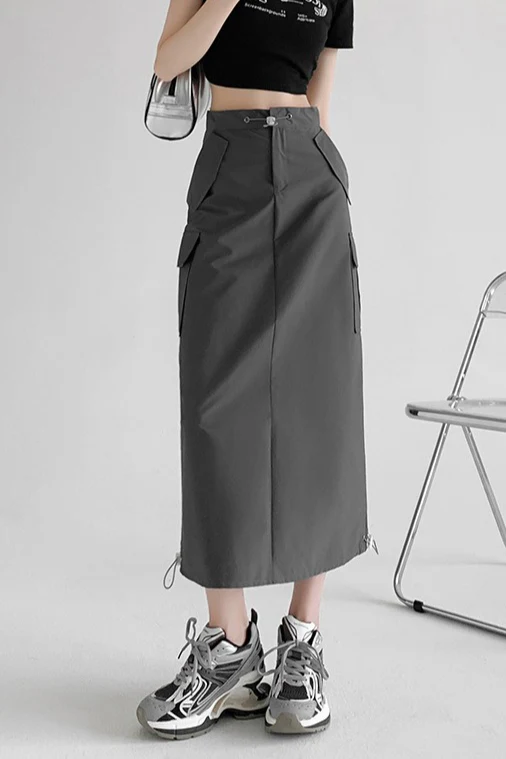 A-Line Gray Vintage Cargo High Slit Skirt - Image 2