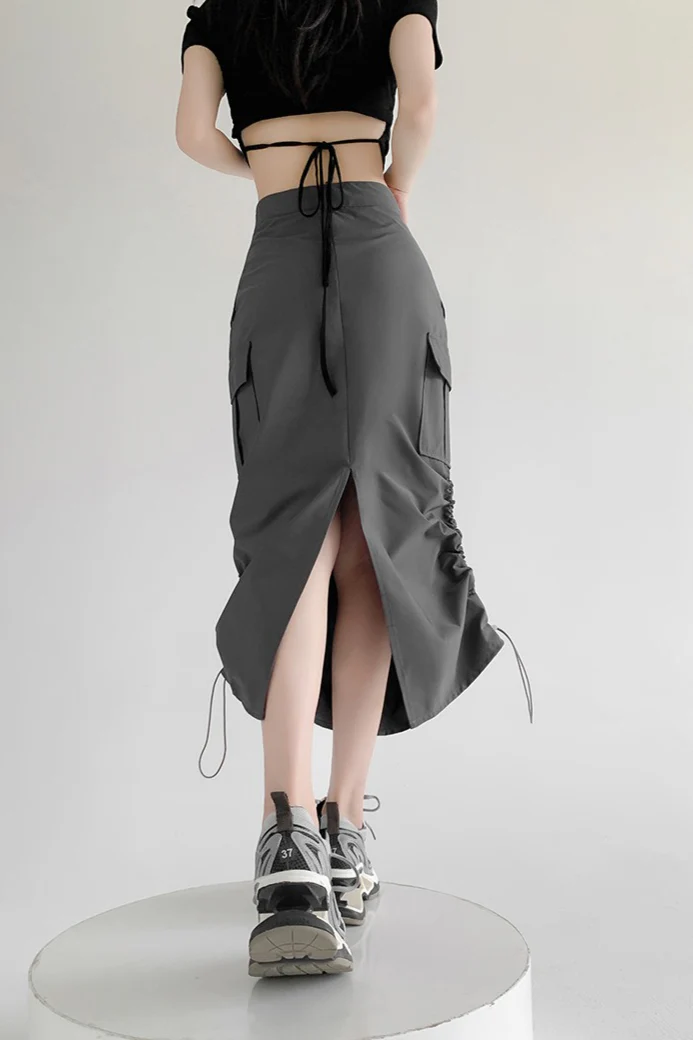 A-Line Gray Vintage Cargo High Slit Skirt - Image 4