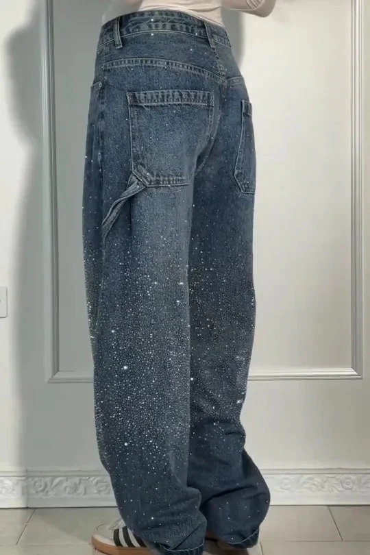 Allover Rhinestone Washed Wide Leg Jeans - Image 3