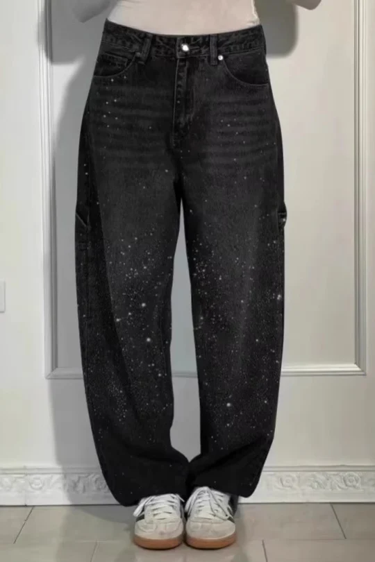 Allover Rhinestone Washed Wide Leg Jeans - Image 4