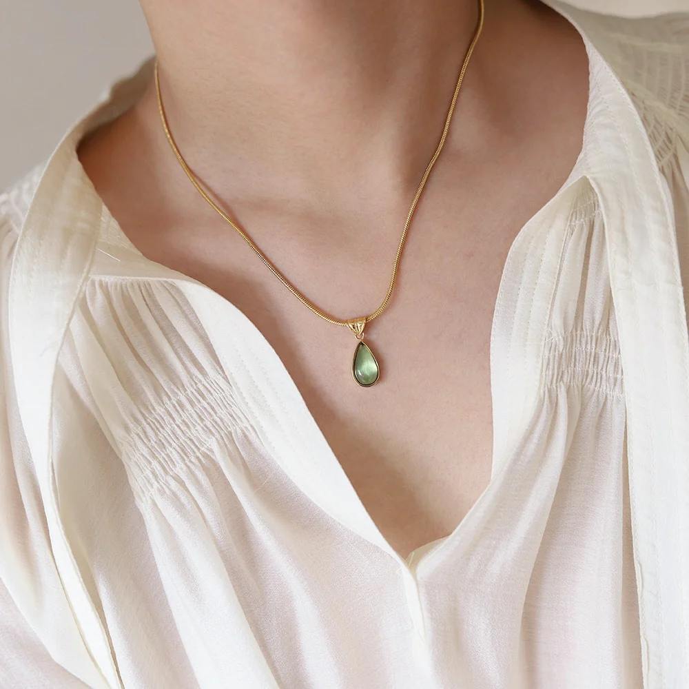 Aqua Teardrop Pendant Titanium Steel Gold Plated Necklace - Image 3