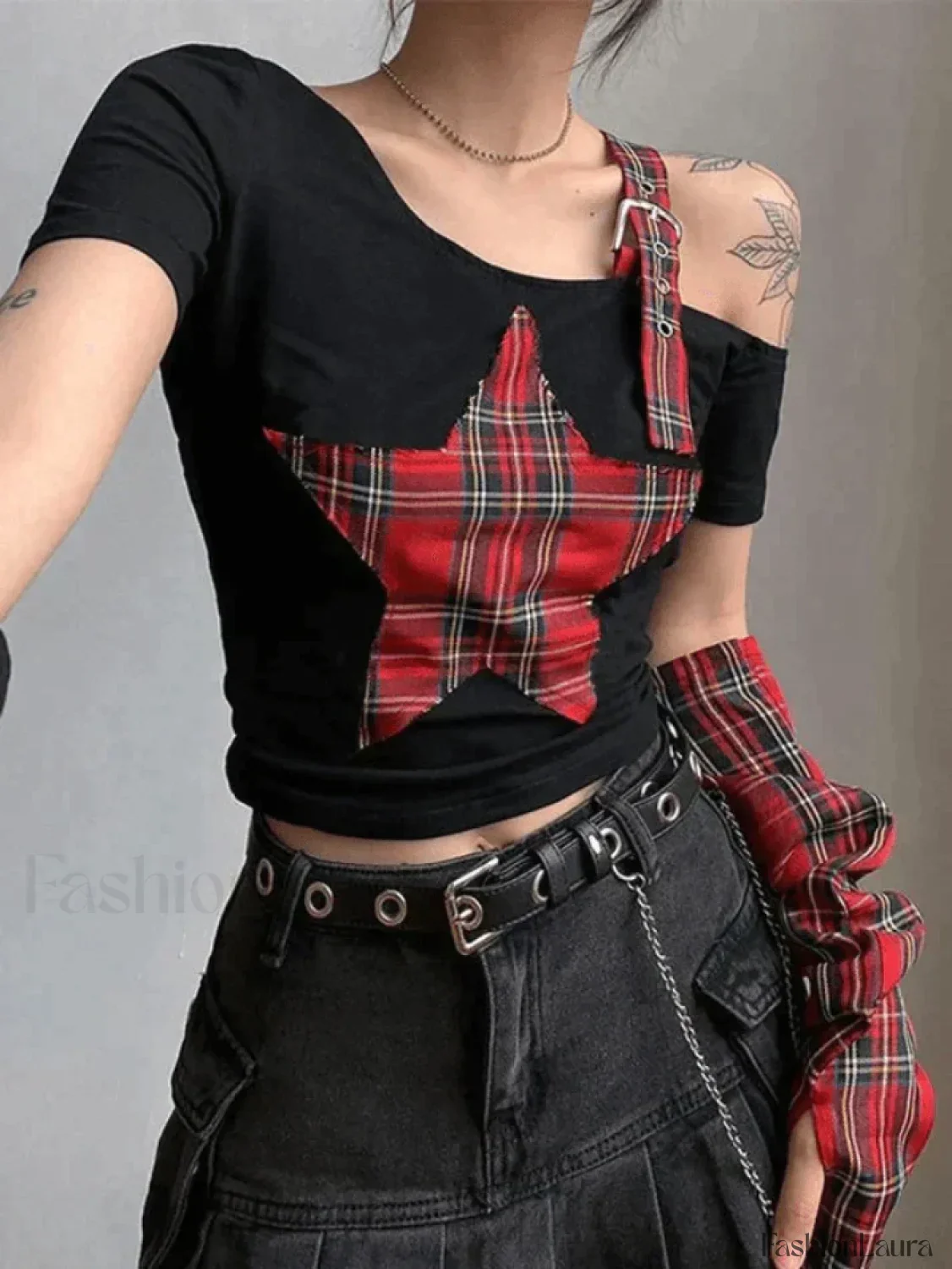 Arm Gloves Cold Shoulder Star Black Crop Top - Image 11
