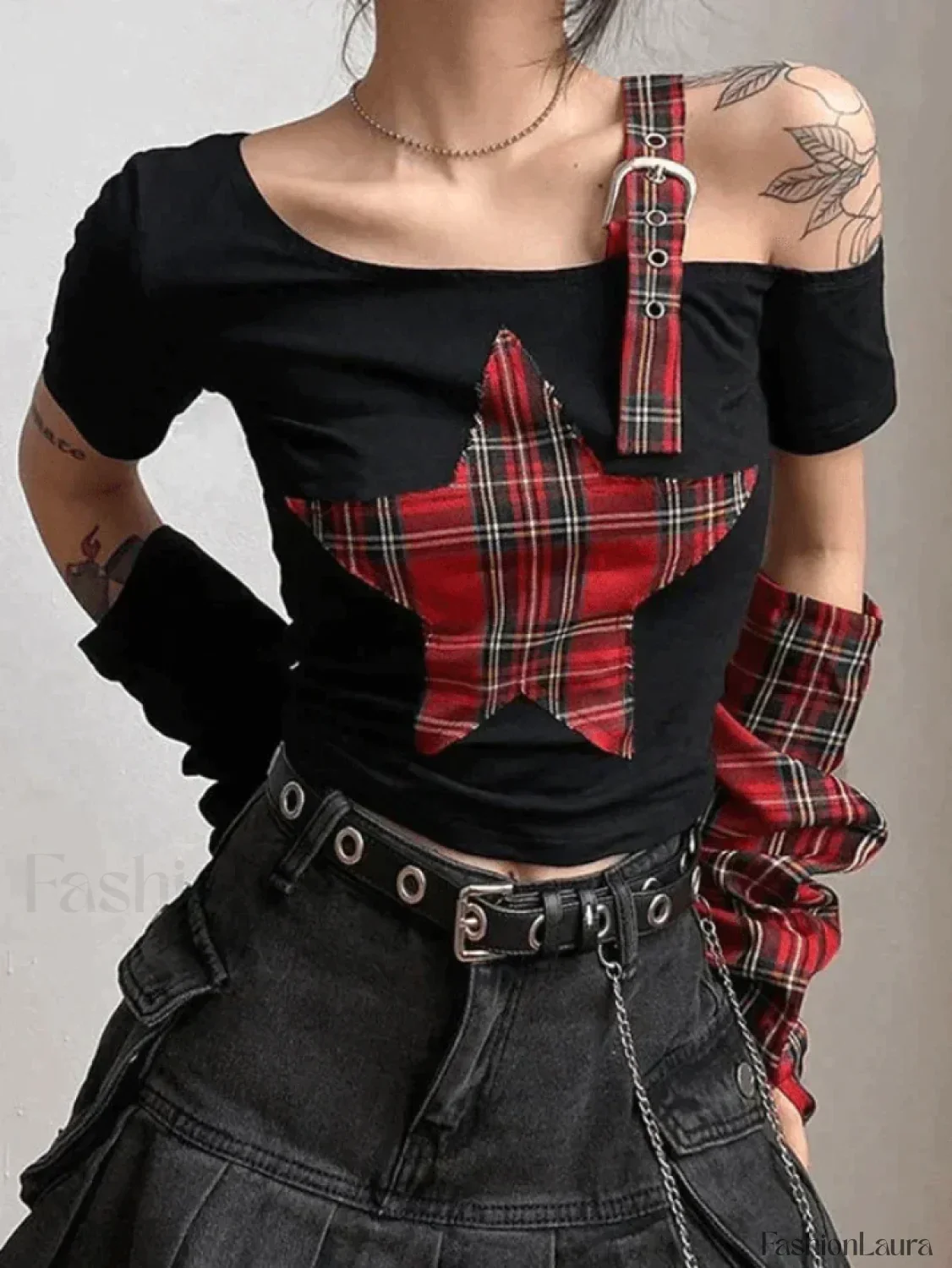 Arm Gloves Cold Shoulder Star Black Crop Top - Image 12