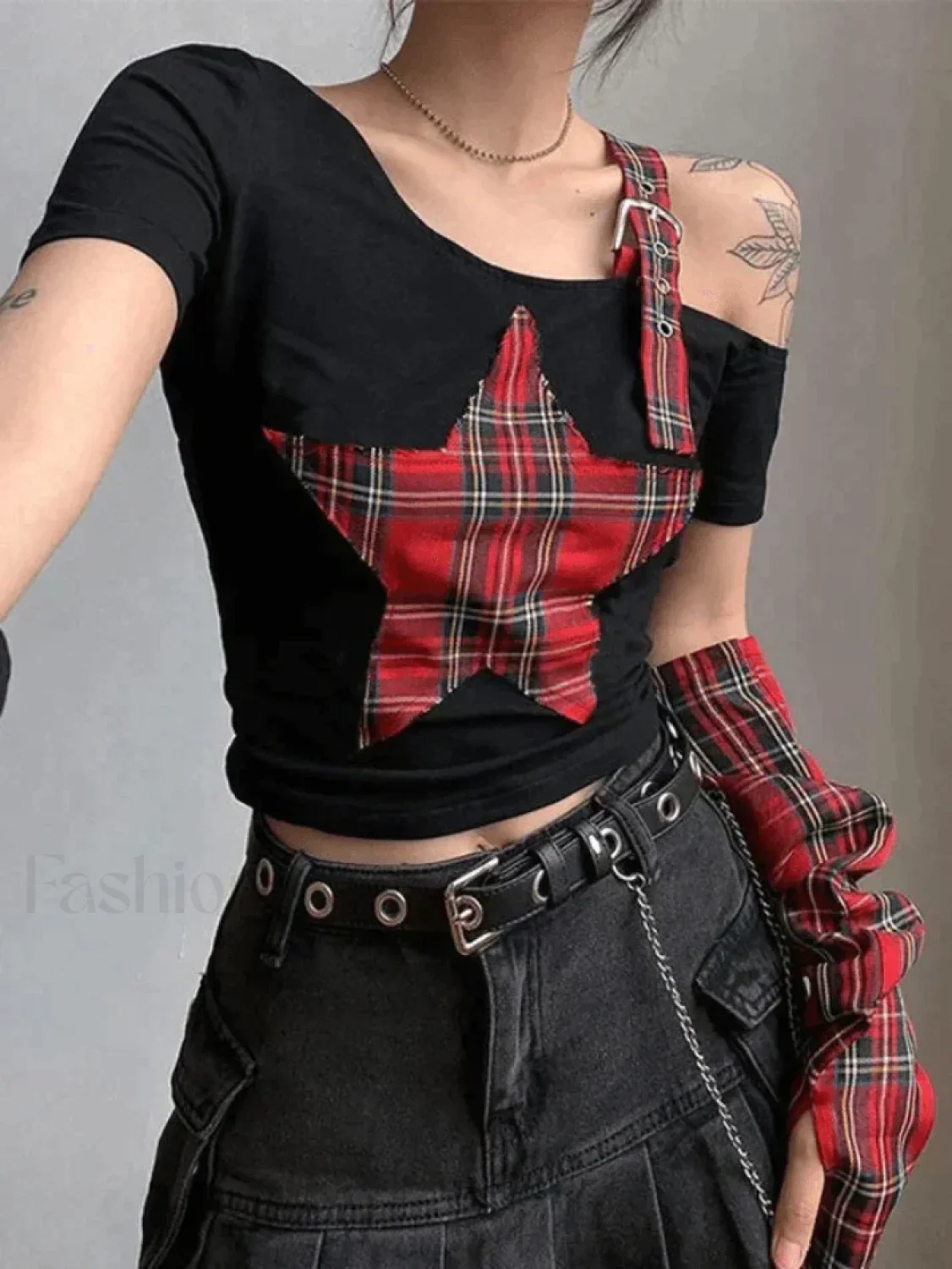 Arm Gloves Cold Shoulder Star Black Crop Top - Image 7