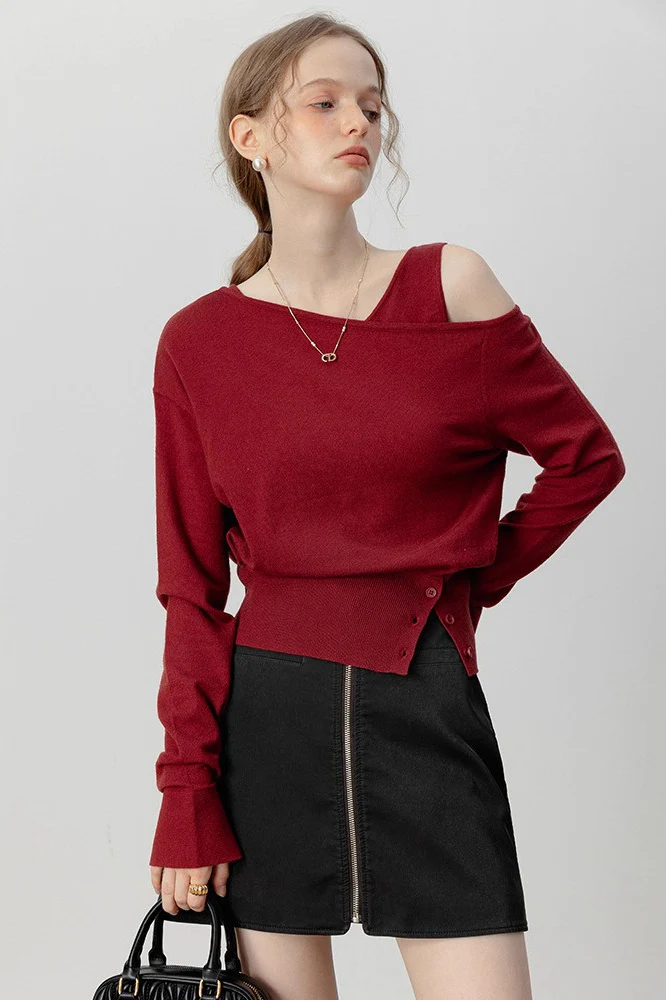 Asymmetric Neckline Elegant Knit Top - Image 4