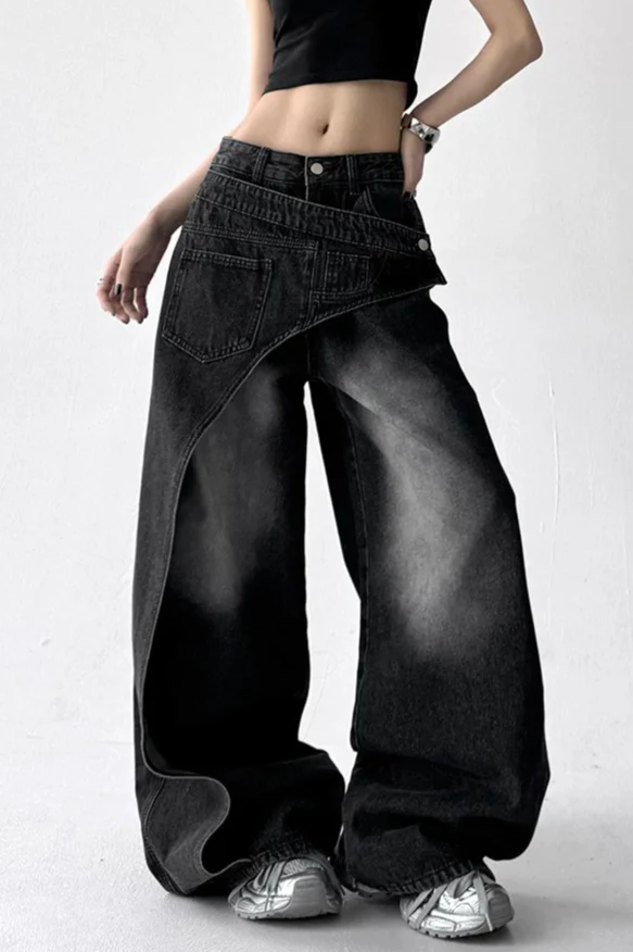 Asymmetric Panel Patchwork Wide Leg High Waist Jeans - Image 9