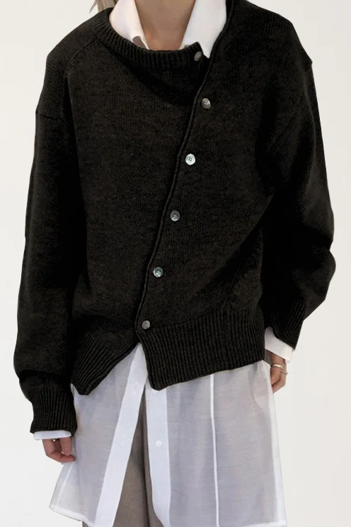 Asymmetrical Button Irregular Slouchy Solid Sweater - Image 2