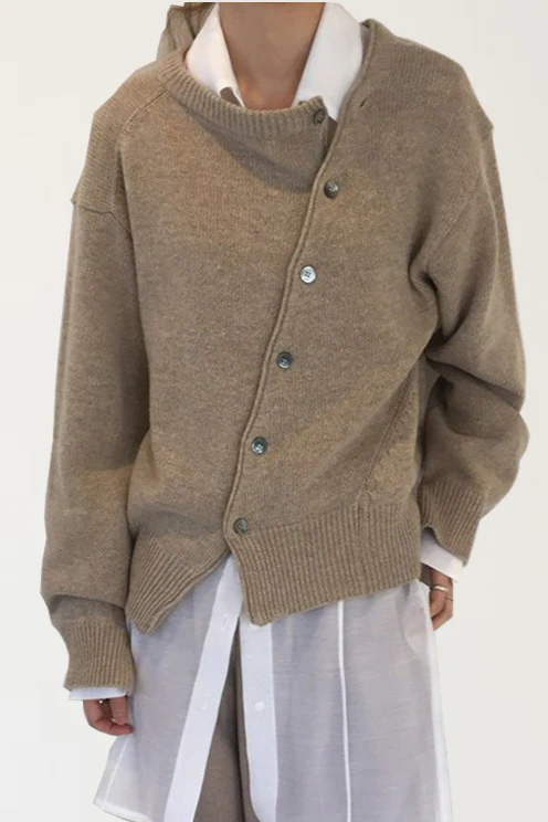 Asymmetrical Button Irregular Slouchy Solid Sweater - Image 3