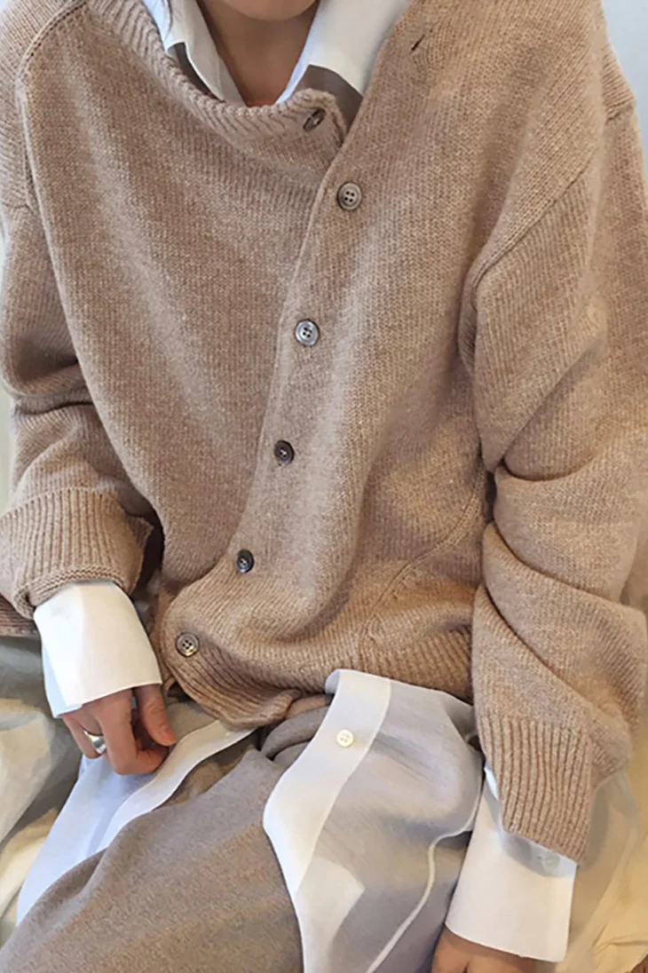 Asymmetrical Button Irregular Slouchy Solid Sweater - Image 5