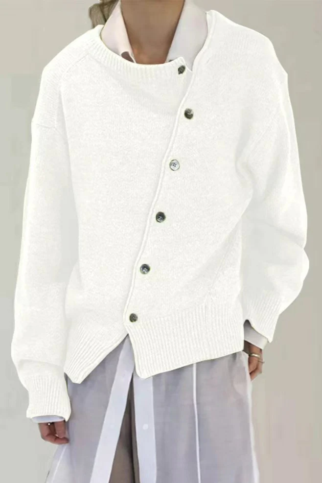 Asymmetrical Button Irregular Slouchy Solid Sweater - Image 6