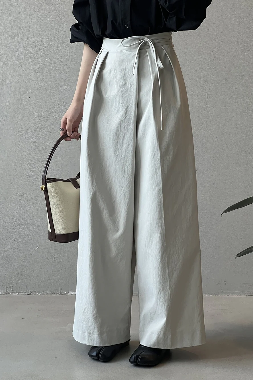 Asymmetrical Placket Tie Relaxed High Waist Long Pants
