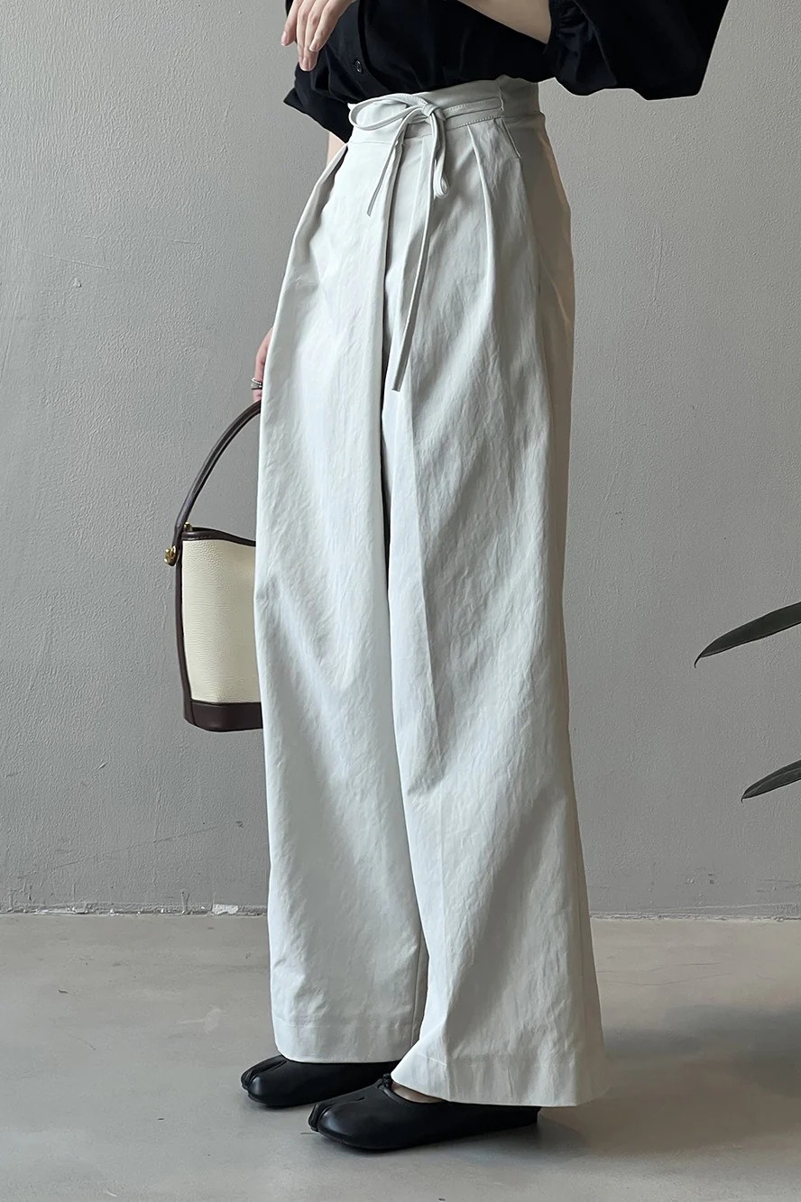 Asymmetrical Placket Tie Relaxed High Waist Long Pants - Image 2