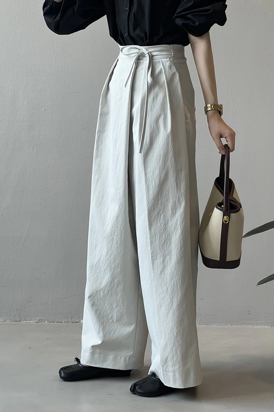 Asymmetrical Placket Tie Relaxed High Waist Long Pants - Image 3