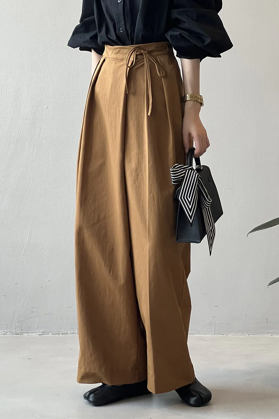 Asymmetrical Placket Tie Relaxed High Waist Long Pants - Image 4