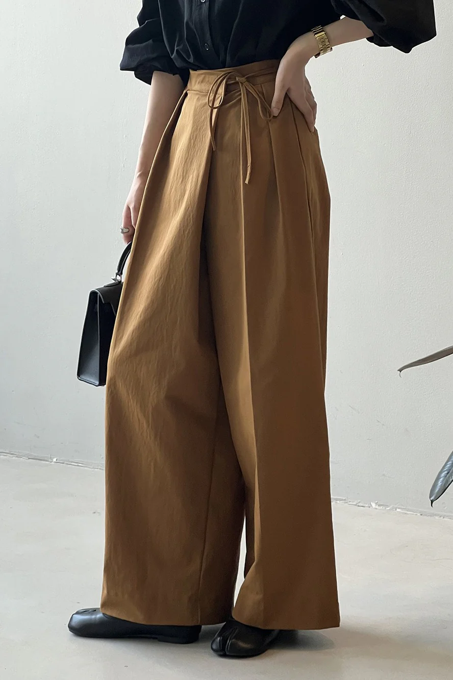 Asymmetrical Placket Tie Relaxed High Waist Long Pants - Image 5