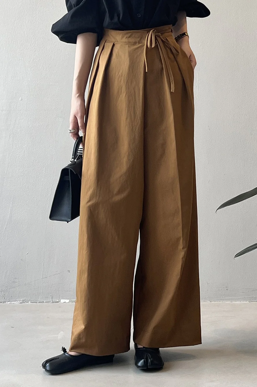 Asymmetrical Placket Tie Relaxed High Waist Long Pants - Image 6
