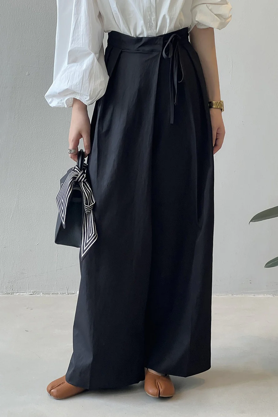 Asymmetrical Placket Tie Relaxed High Waist Long Pants - Image 7