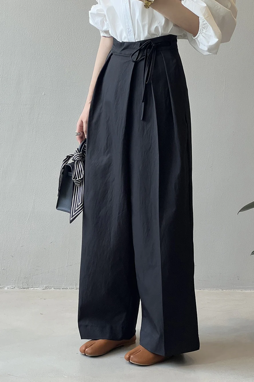 Asymmetrical Placket Tie Relaxed High Waist Long Pants - Image 8