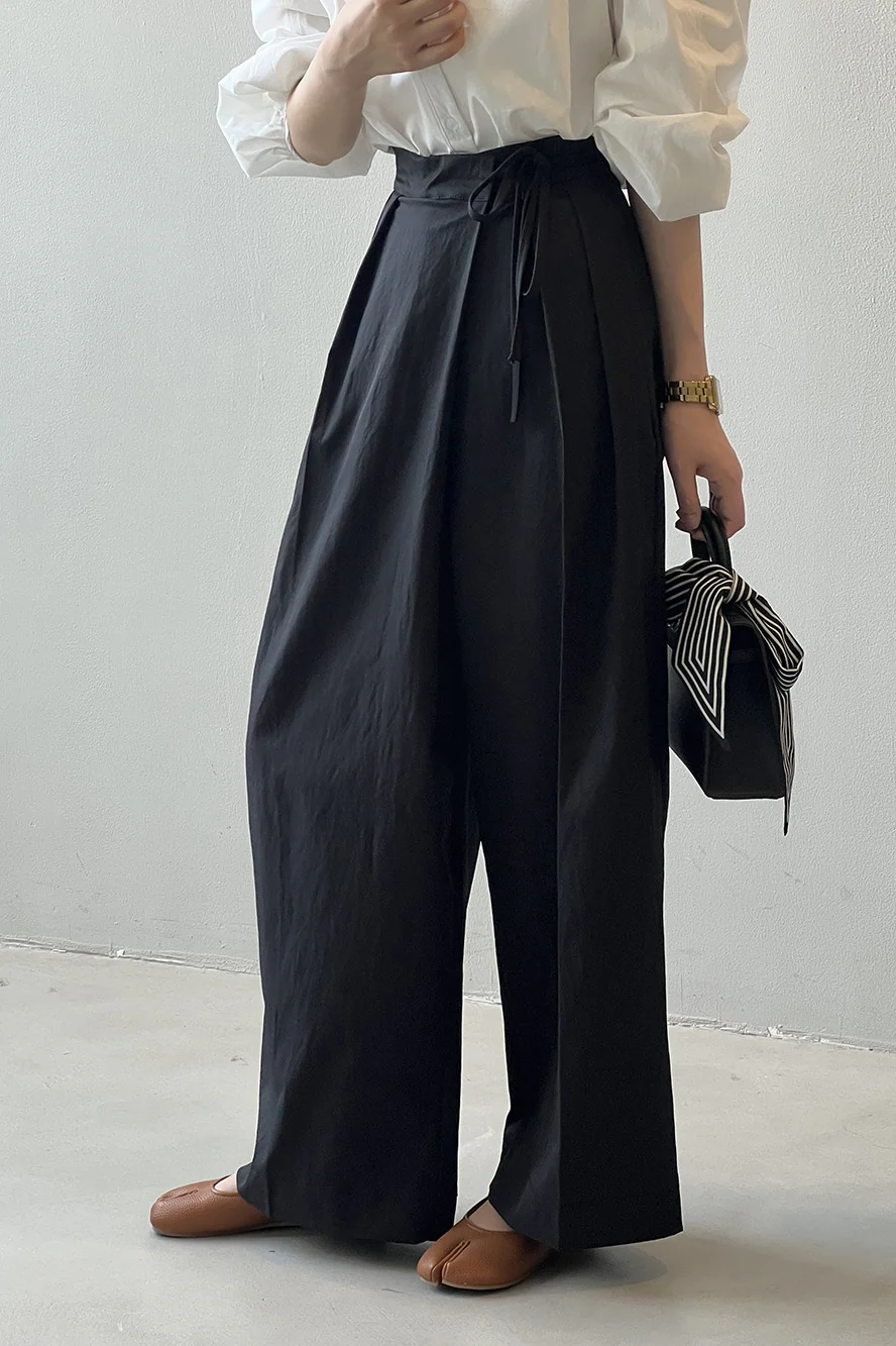 Asymmetrical Placket Tie Relaxed High Waist Long Pants - Image 9
