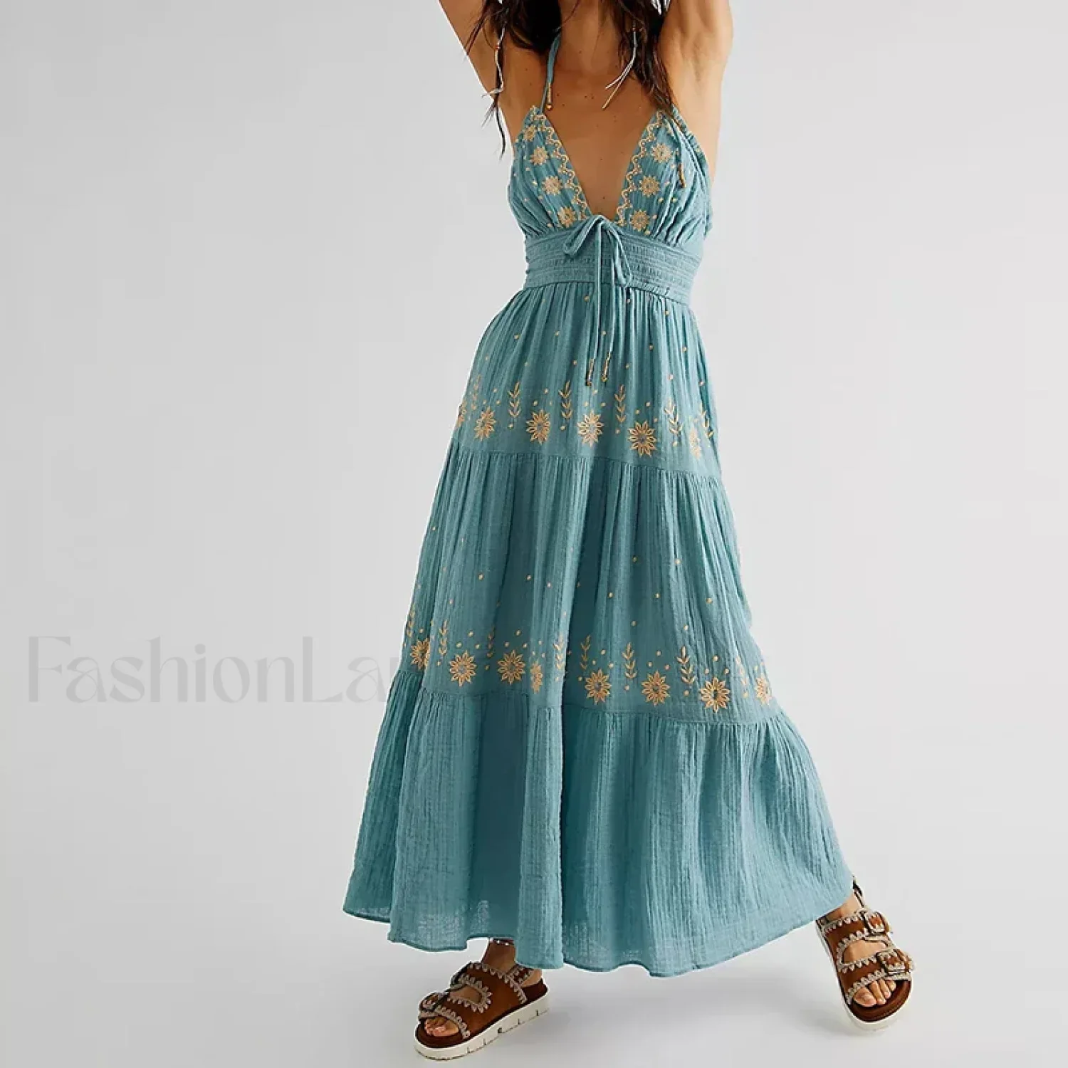 Backless Halter Embroidery Boho Dress - Image 12