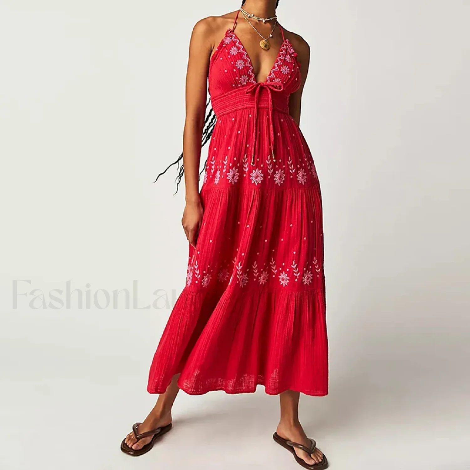 Backless Halter Embroidery Boho Dress - Image 16