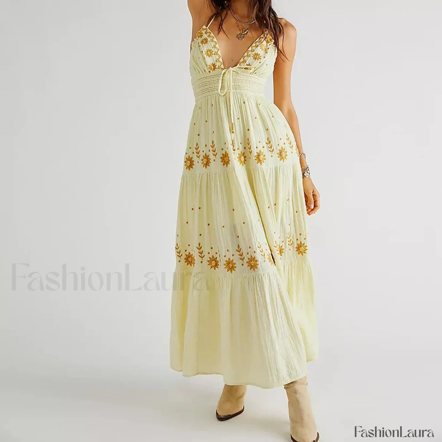 Backless Halter Embroidery Boho Dress - Image 39