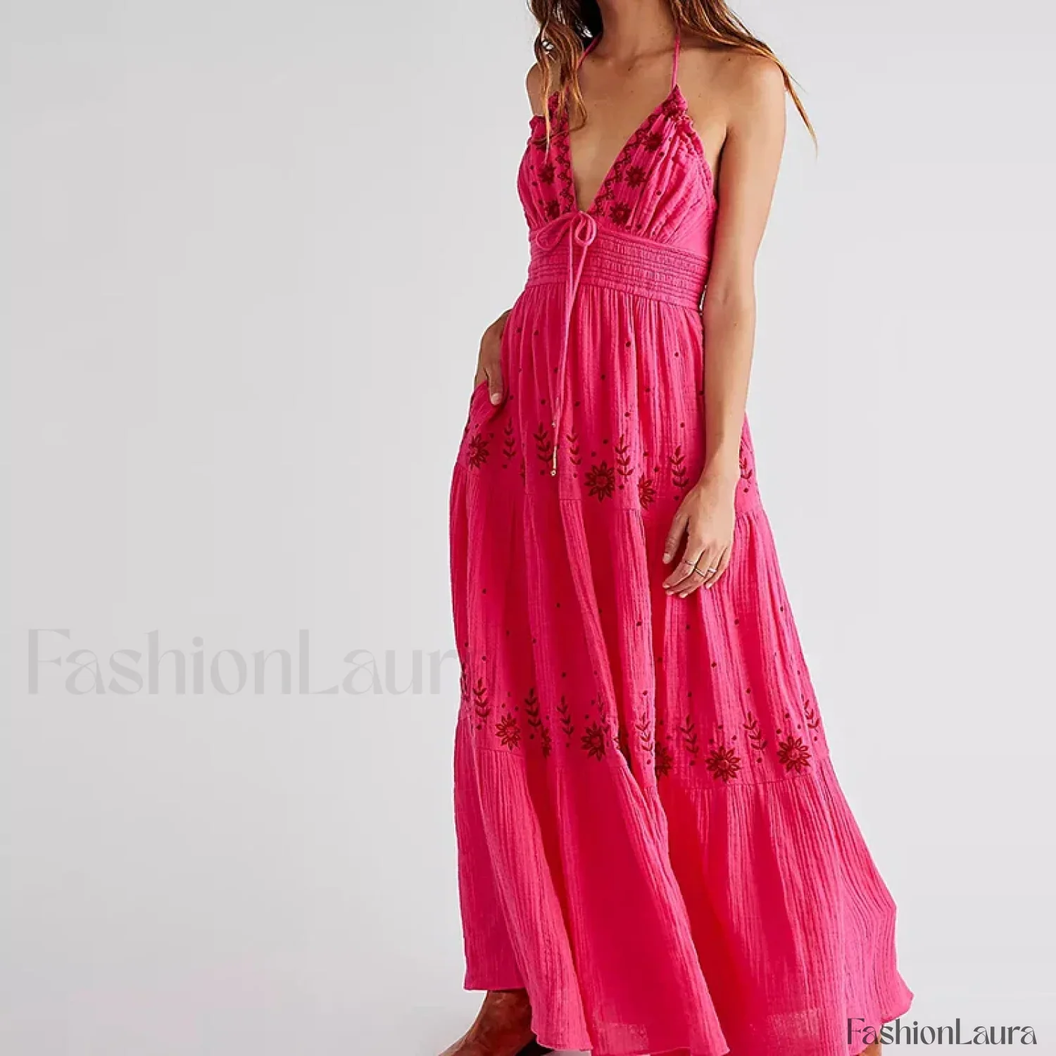 Backless Halter Embroidery Boho Dress - Image 40