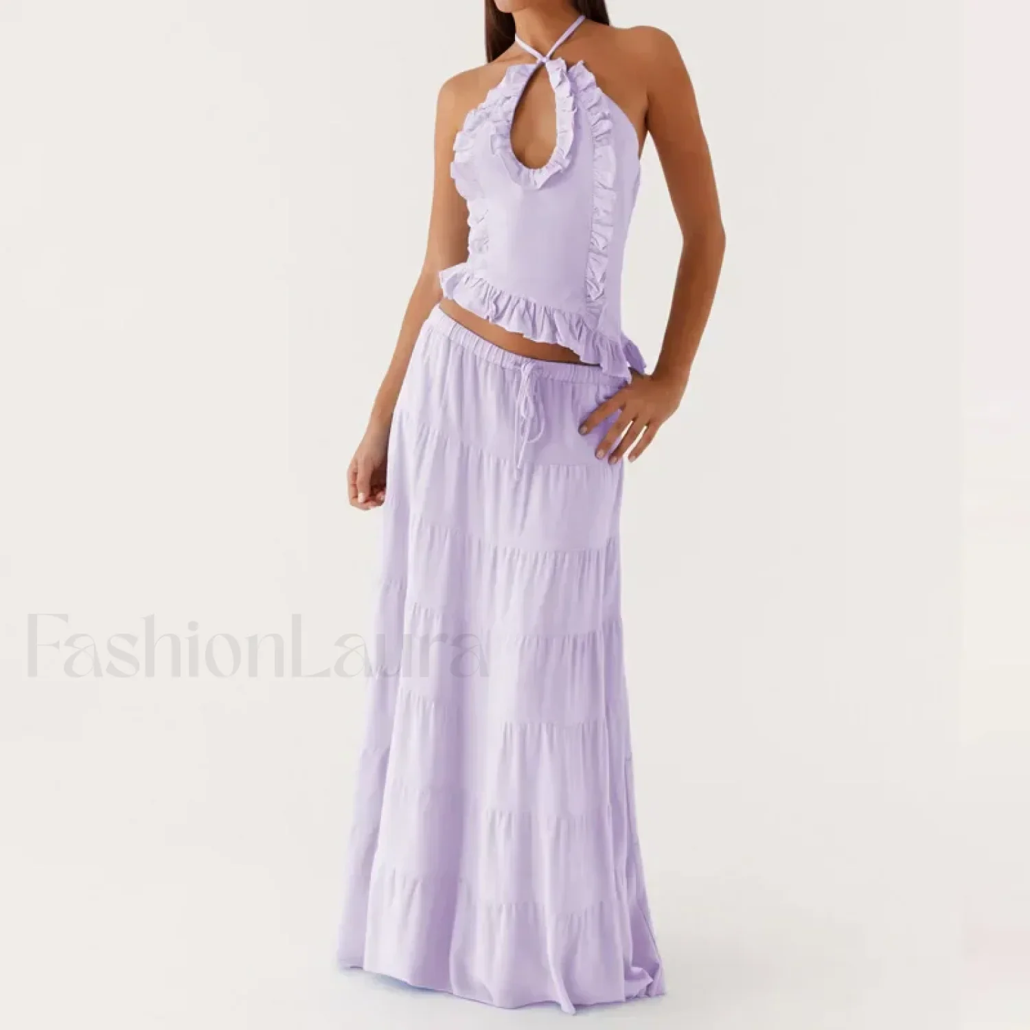 Backless Halter Tiered Skirt Two Piece Set - Image 15