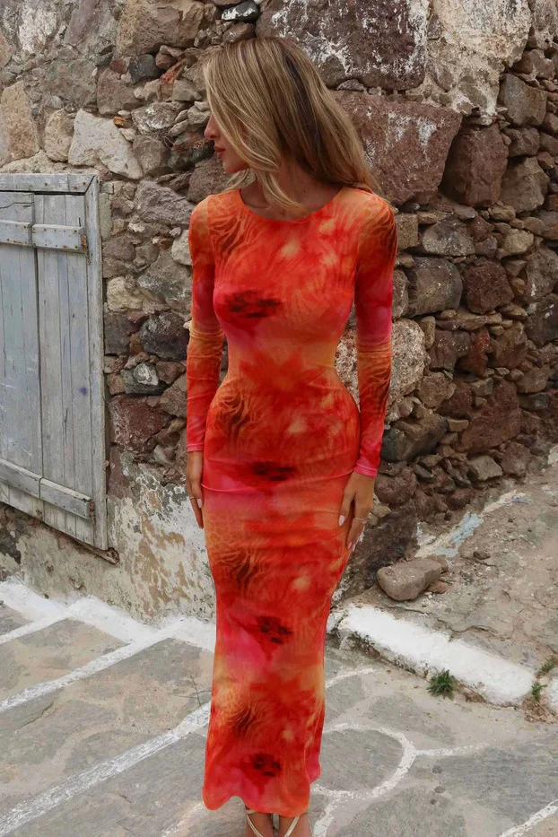 Backless Mesh Long Sleeve Bodycon Floral Dress - Image 3