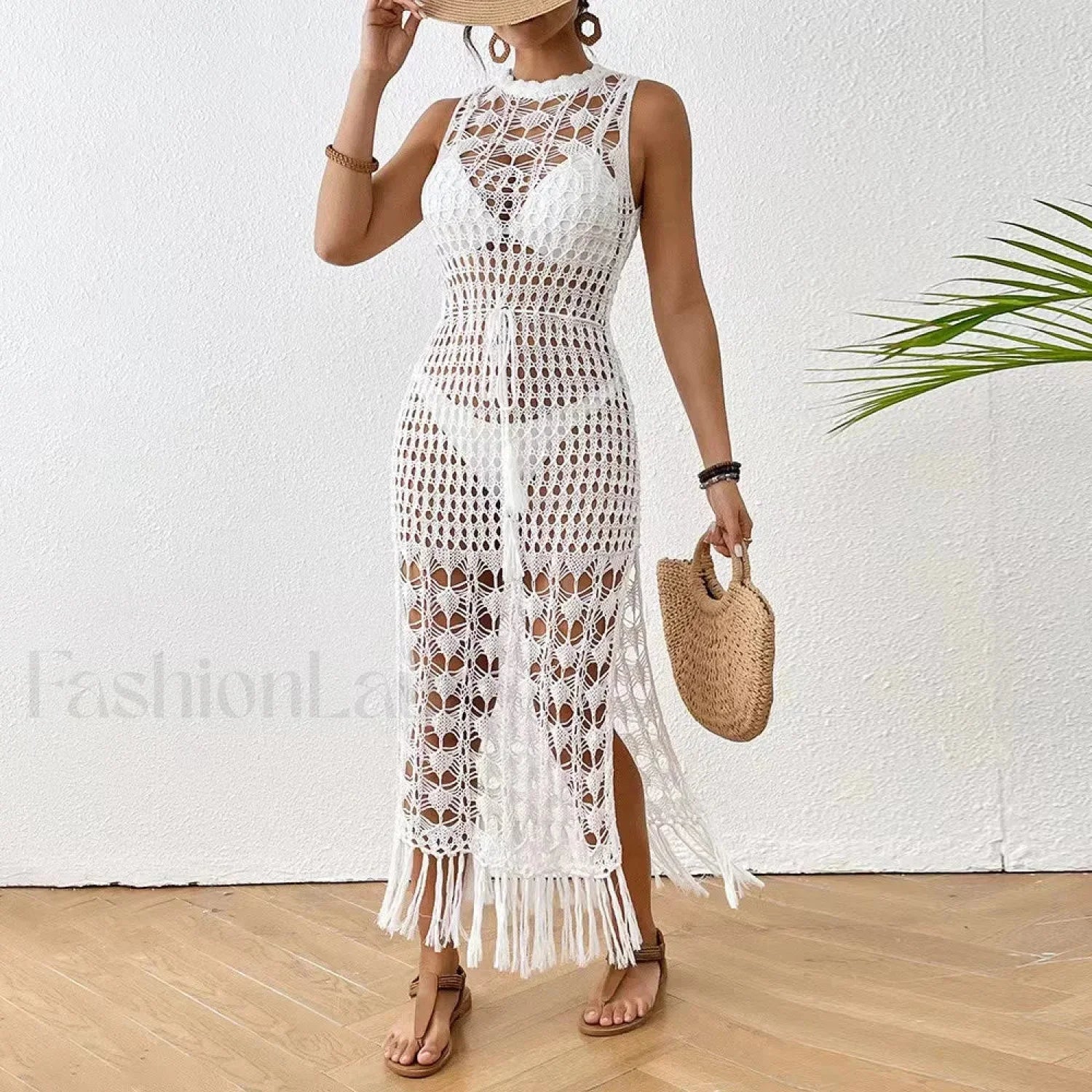 Backless Tassel Solid Dress Cover Up - Image 3