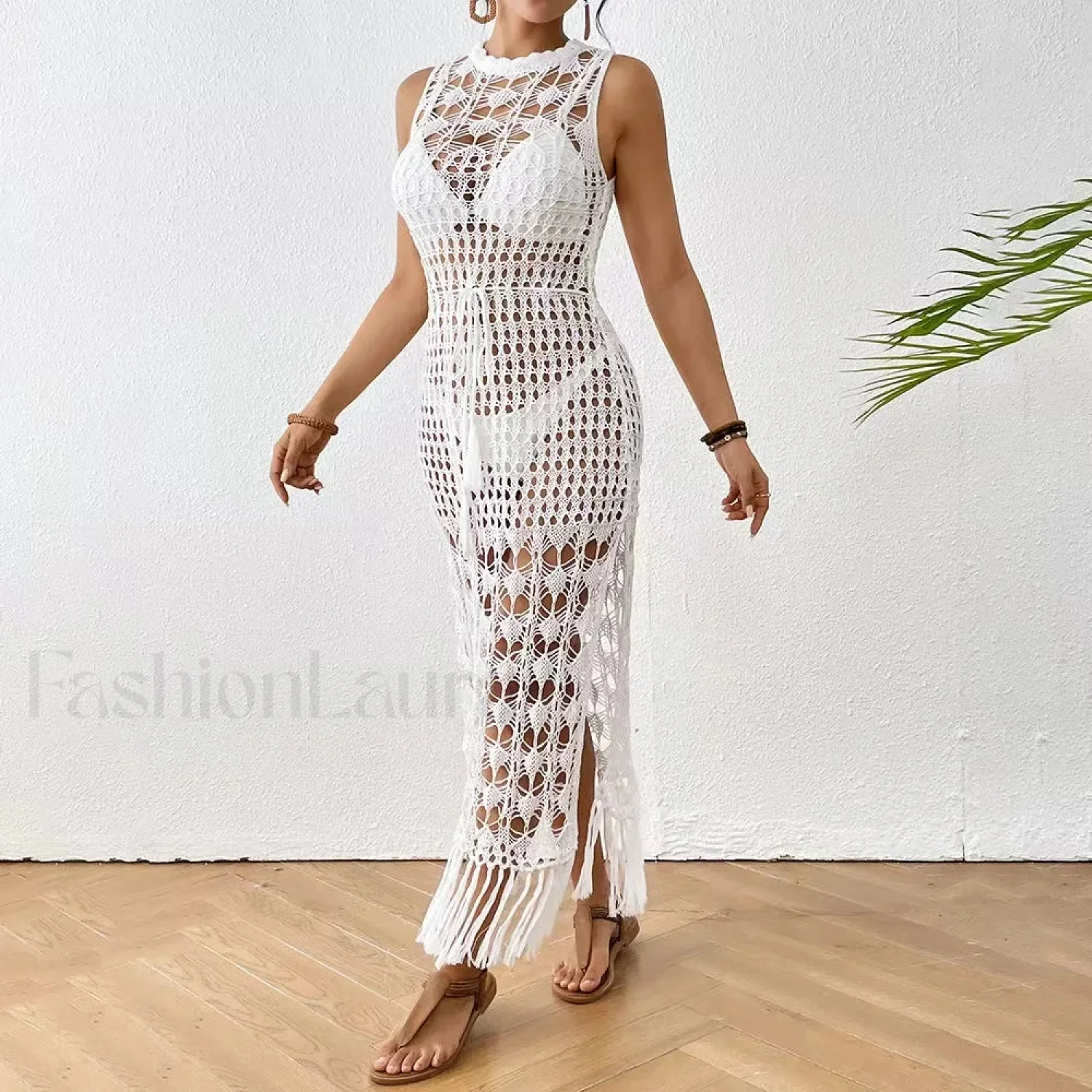Backless Tassel Solid Dress Cover Up - Image 5