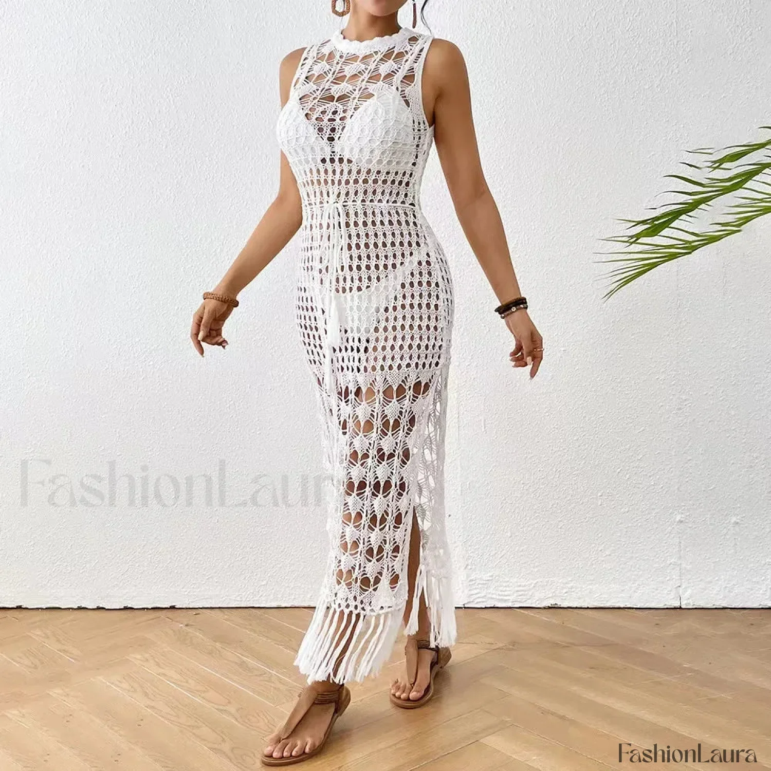 Backless Tassel Solid Dress Cover Up - Image 9