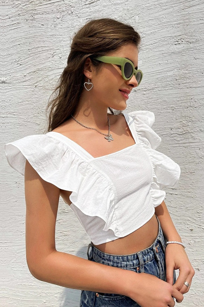 Backless Tie Ruffle Sleeve Sweet Square Neck Crop Top - Image 4