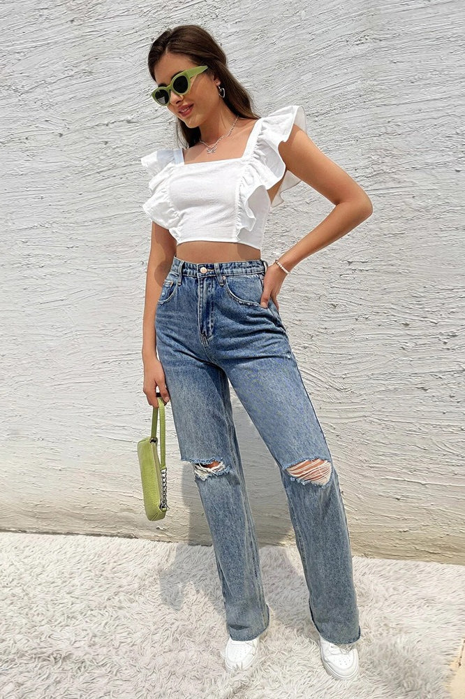 Backless Tie Ruffle Sleeve Sweet Square Neck Crop Top - Image 5