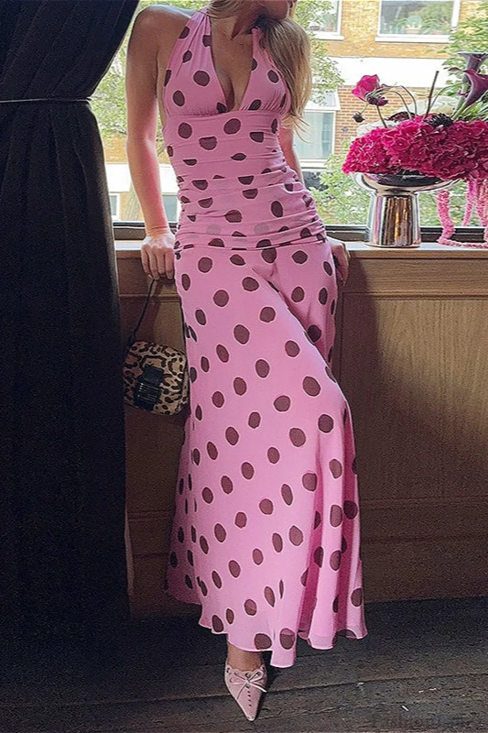 Backless Tie Waist Polka Dot Maxi Dress - Image 4