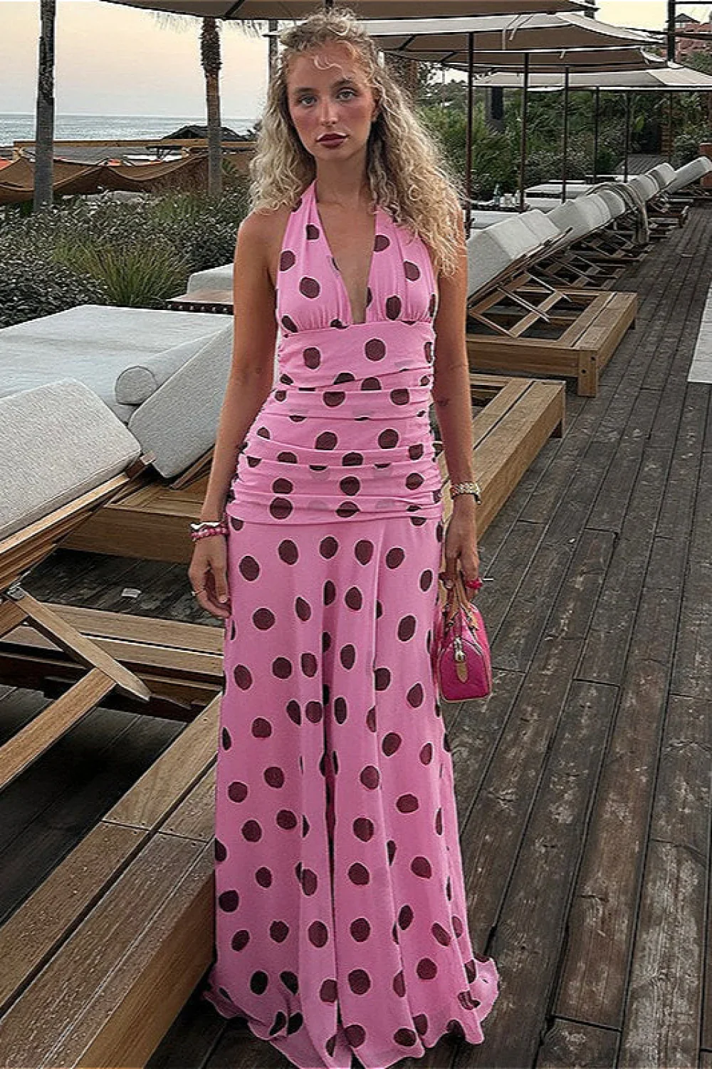Backless Tie Waist Polka Dot Maxi Dress - Image 6