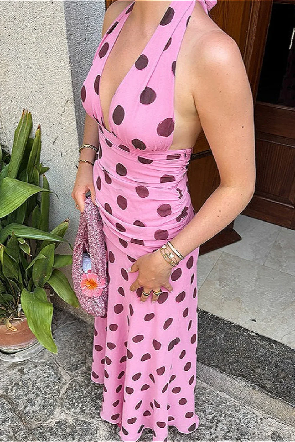 Backless Tie Waist Polka Dot Maxi Dress - Image 7