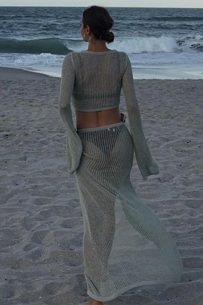 Beach Knit Hollow Cropped Top Skirt Set - Image 11