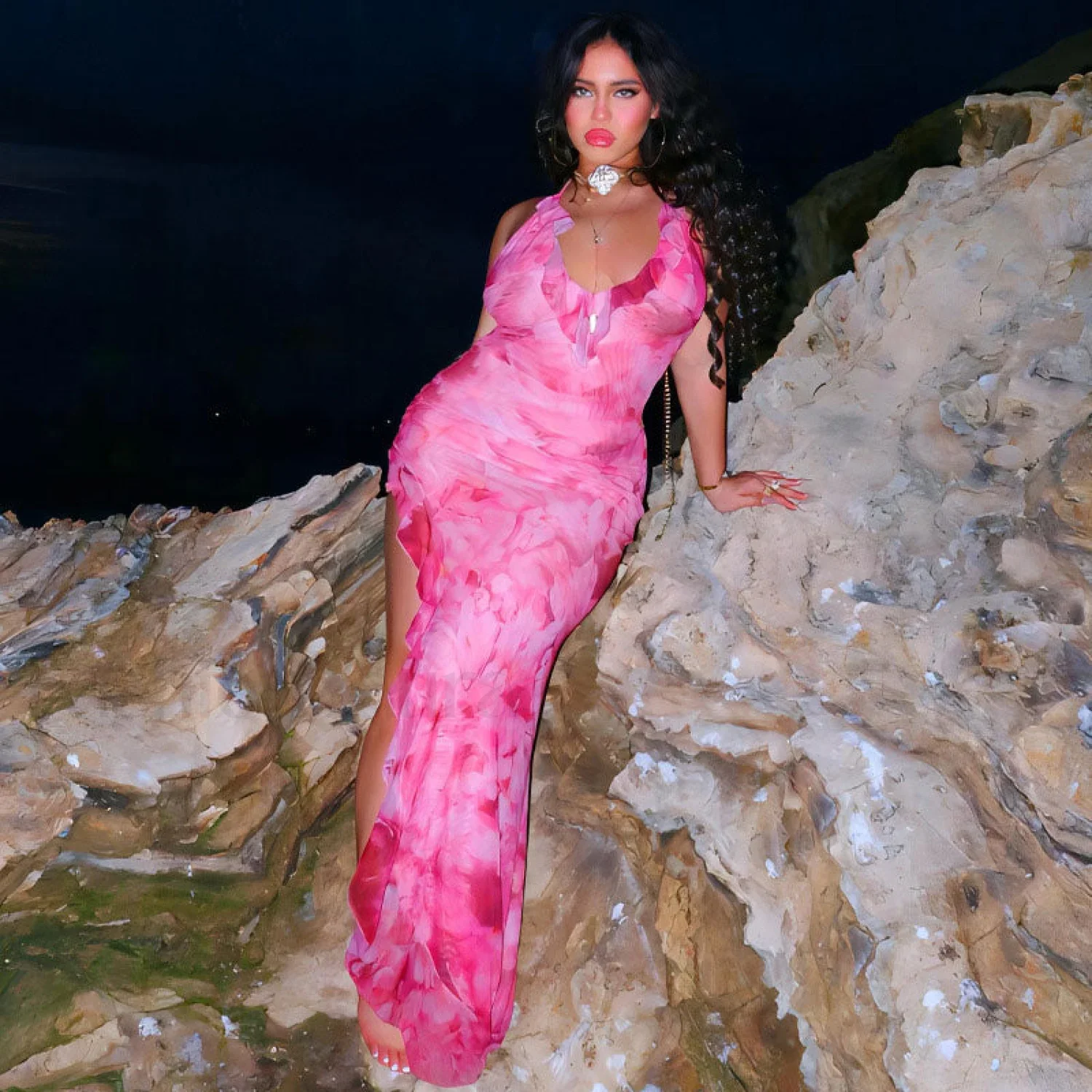 Beach Vacation Tie Dye Print Ruffle Trim Halter Maxi Dress - Pink - Image 5
