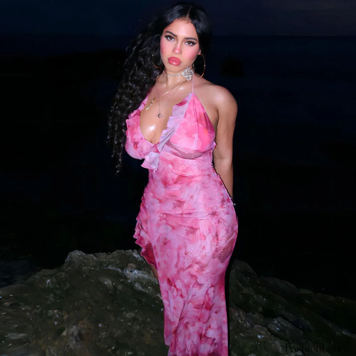 Beach Vacation Tie Dye Print Ruffle Trim Halter Maxi Dress - Pink - Image 7