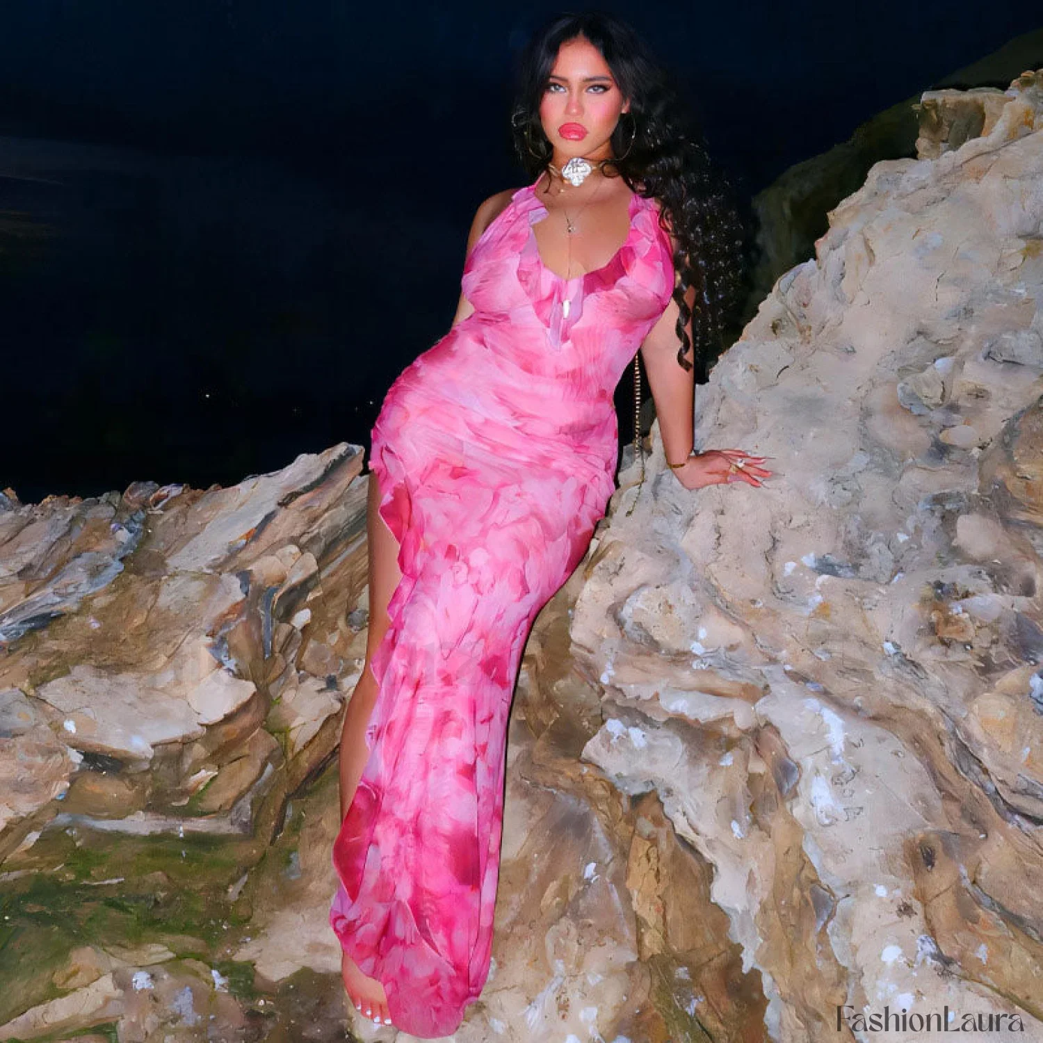 Beach Vacation Tie Dye Print Ruffle Trim Halter Maxi Dress - Pink - Image 8