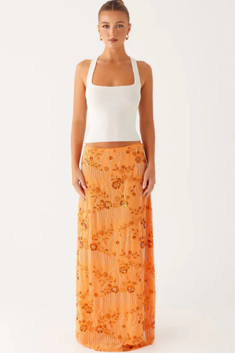 Beaded Sequin Embroidery Bodycon Maxi Skirt