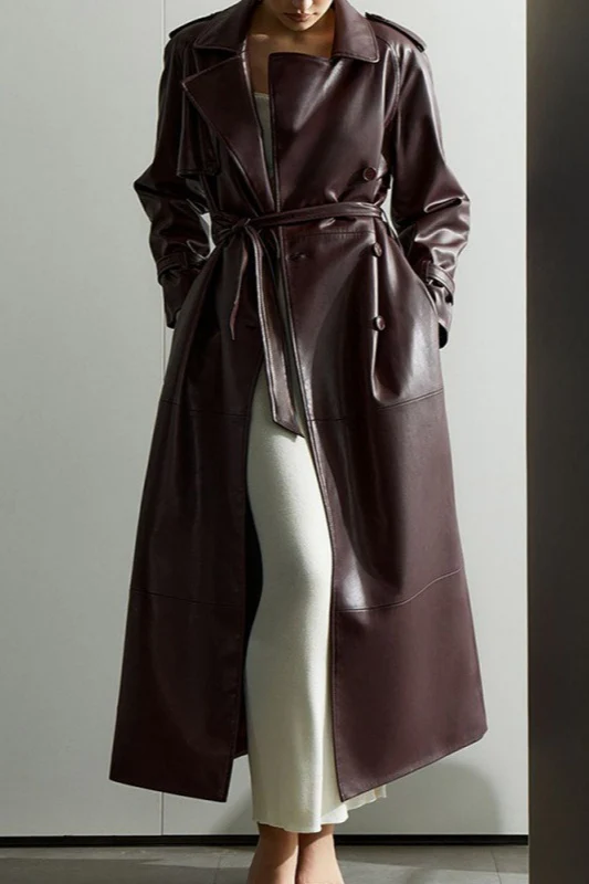 Belted Faux Leather Waist Fit Overcoat - Image 2