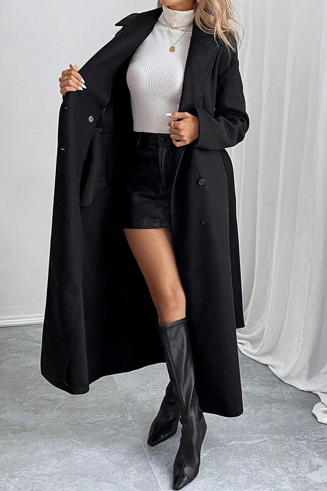 Black Belted Wool Blend Relaxed Overcoat - Image 3